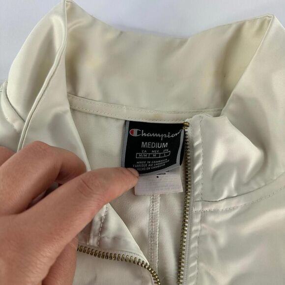 Champion Satin Off White Womens Full Zip Size M Lurex Bomber Track Retro Jacket - Picture 10 of 12